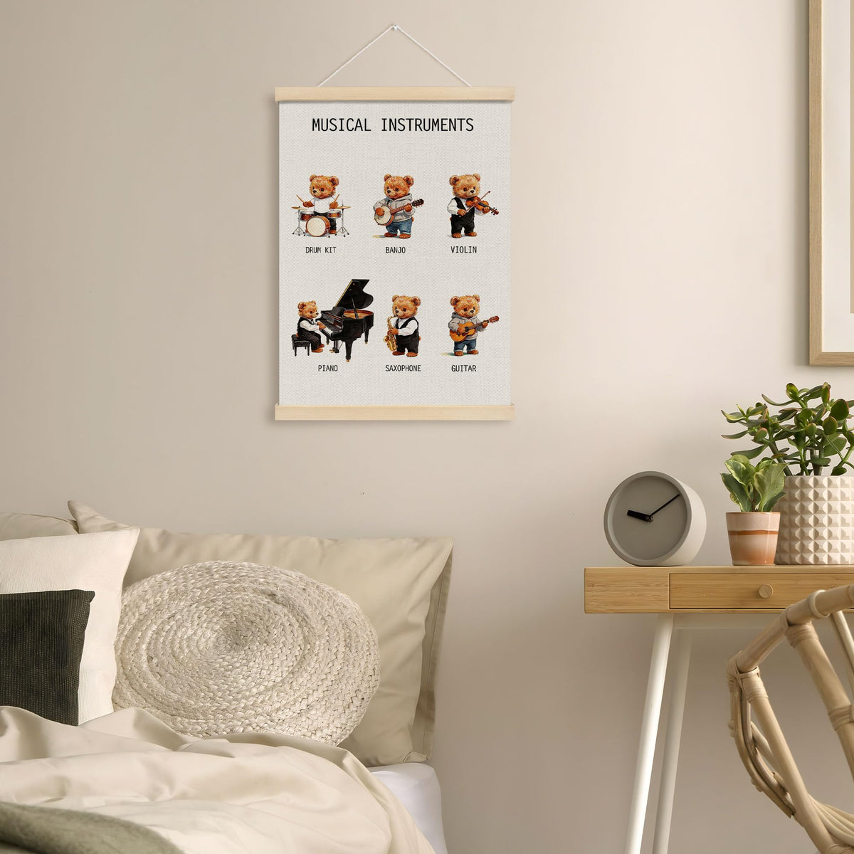 MOTERMATE Musical Bear Nursery Classroom Poster Hanger Frame, Musical Instruments Educational Wall Hanging Decor Art Framed for Kids Nursery Room, Music Educational Wall Poster Prints, 12x16 Inch