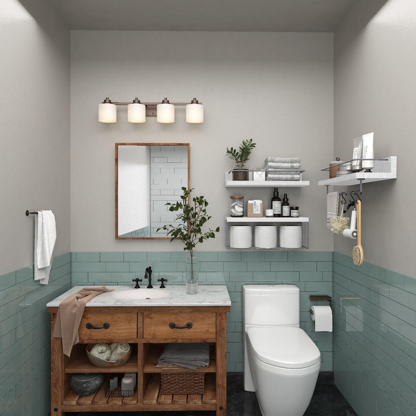 PopiShelves Bathroom Shelves Over Toilet for Wall, Floating Shelves with Storage Basket Paper Holer for Kitchen Living Room, Bedroom & Classroom, Set of 3 (White and Grey)