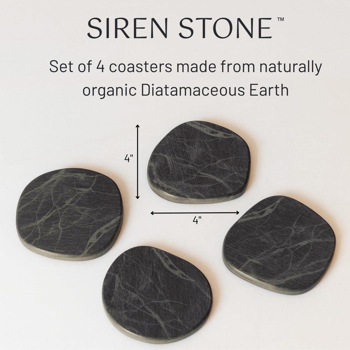 Siren Stone Diatomaceous Earth Coasters Set of 4 | Absorbent Stone Coasters for Drinks | Quick Dry, Water Absorbing | Non-Toxic, BPA-Free | Female Founded USA Brand