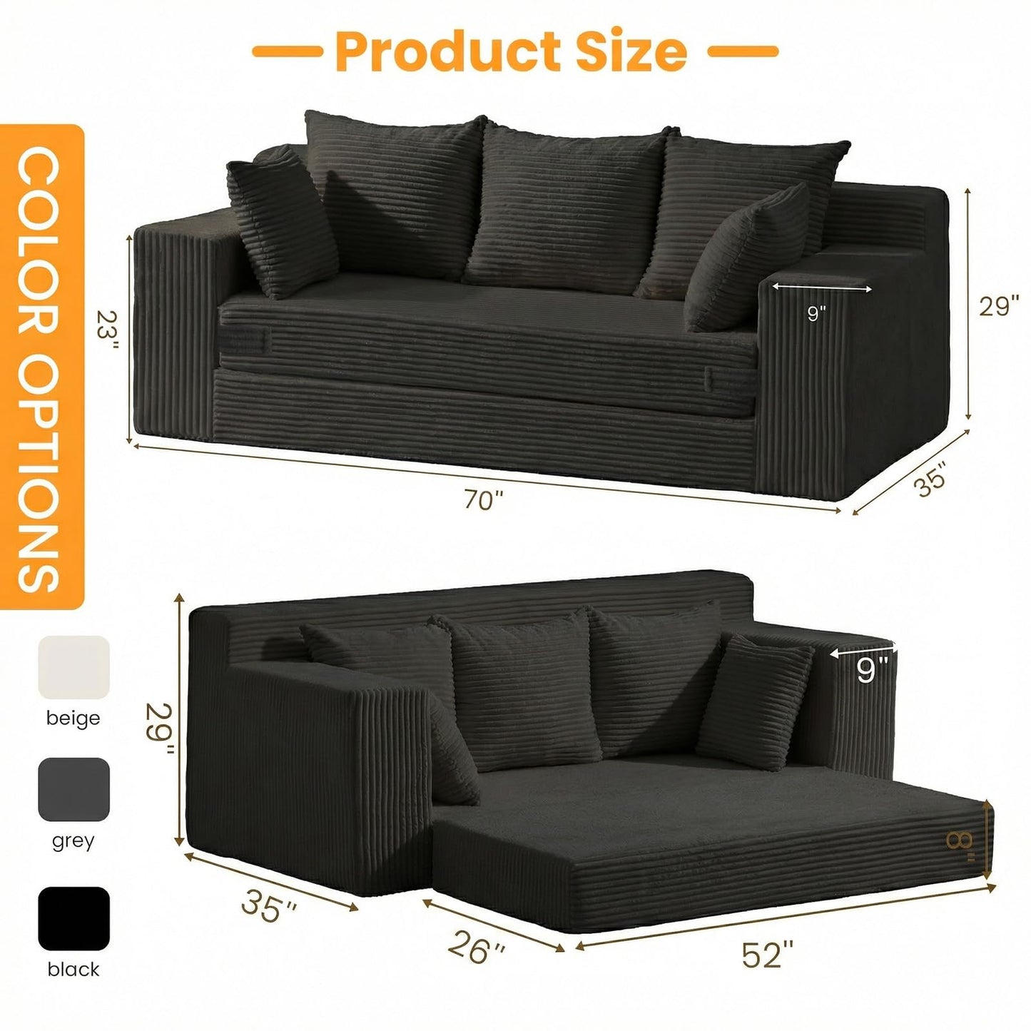 Winzoo Convertible Sofa Bed, Pull Out 3 Seater Sleeper Sofa, 70" Black Boneless Couch Fold Out Floor Couch with 5 Pillows for Living Room Bedroom Lounge Small Space