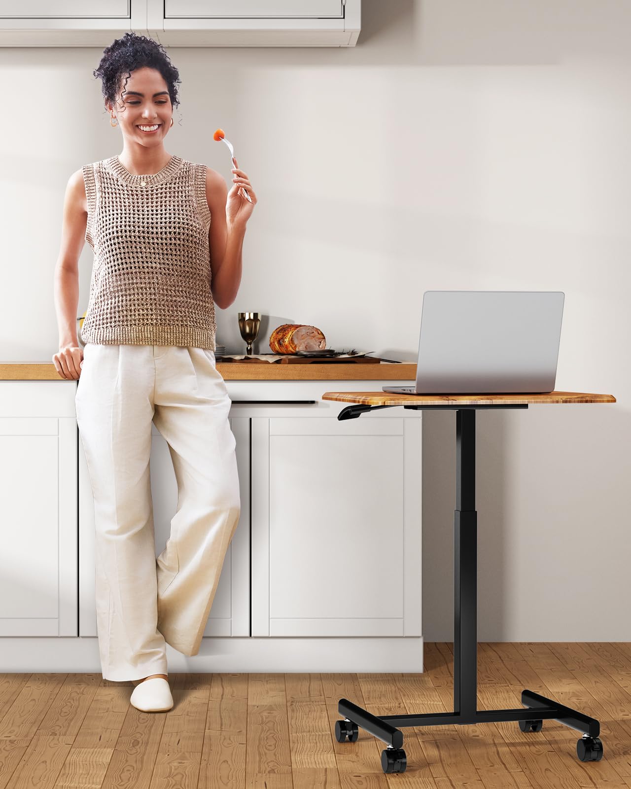 Simple Deluxe Standing Desk with Lockable Wheels, Mobile Stand Up Desk, Adjustable Height, Portable Laptop Desk, Small Computer Standing Table, Sit Stand Brown
