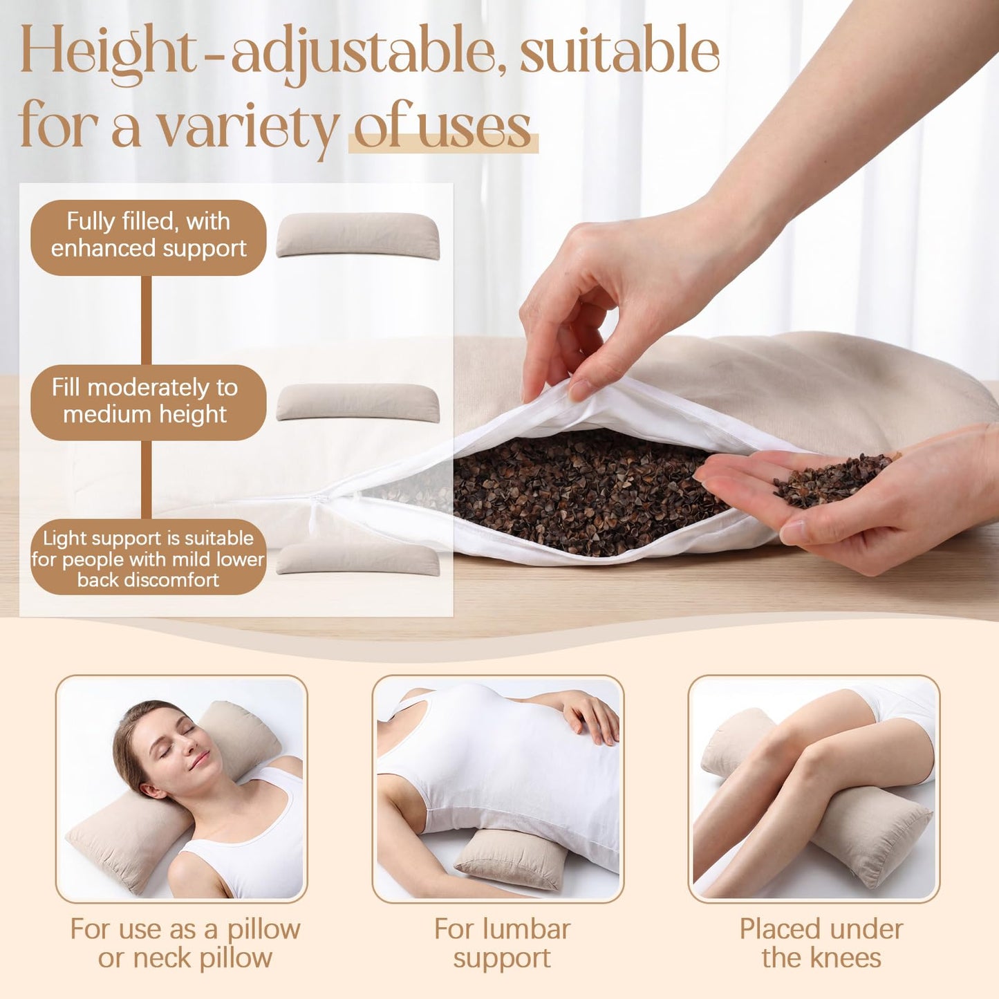Weysat Buckwheat Lumbar Support Pillow for Bed Sleeping, Ergonomic Curved Neck Waist Pillow for Lower Back Pain Relief, Natural Sweet Buckwheat Hull Filling, Dual Cotton Zippered, 20.1” x 8.7” x 2”