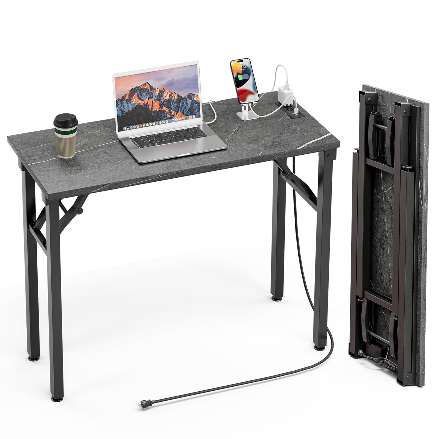TEMI Small Computer Desk Folding Table - No Assembly, Compact 35.8" Foldable Desk with Power Outlets & USB Charging Port, Portable Small Office Desk, Ideal Mini Study Table, Marble Greige