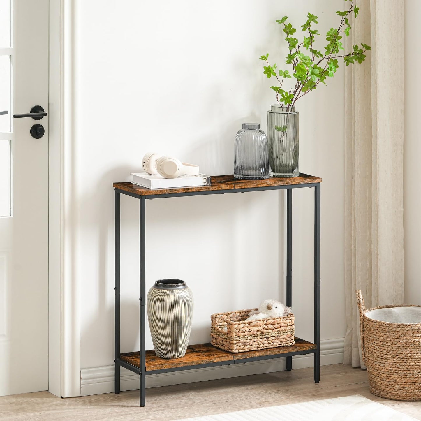 HOOBRO 29.5" L Narrow Console Table, Sofa Table Behind Couch with 2-Tier Storage Display Shelves, 8.7" D Small Entryway Table for Hallway, Foyer, Living Room, Bedroom, Rustic Brown and Black BF22XG01