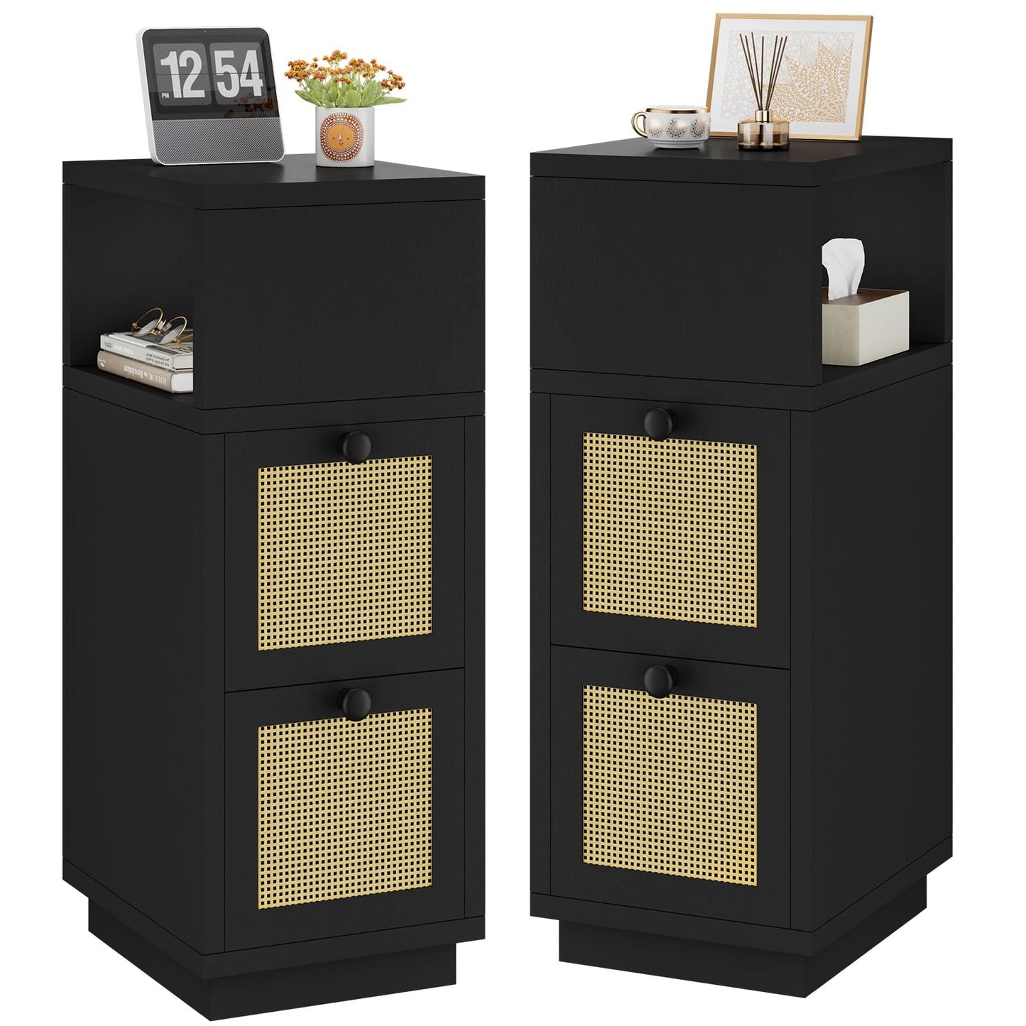 YMYNY Rattan Nightstands Set of 2, Boho Bedside Table with Open Shelf, 2 Drawers, 9.45" x 11.42" x 25.59", Narrow Side Table, Bedside Cabinet for Bedroom and Small Spaces, Black UHST017B-2