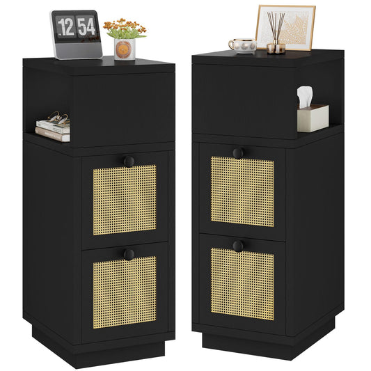YMYNY Rattan Nightstands Set of 2, Boho Bedside Table with Open Shelf, 2 Drawers, 9.45" x 11.42" x 25.59", Narrow Side Table, Bedside Cabinet for Bedroom and Small Spaces, Black UHST017B-2
