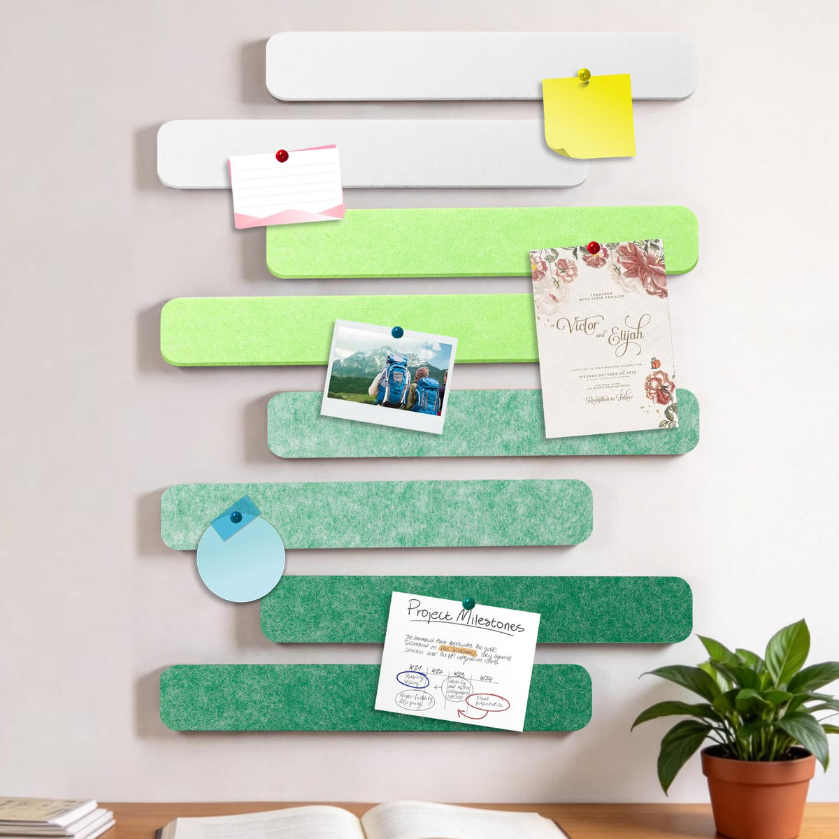 8-PCS 13"×2" Felt Bulletin Board Strips with Thumbtacks, Self-Adhesive Felt Strips, Suitable for Office, Classroom, and Home Decoration, Can Be Used to Stick Notes, Photos, and Memos(Multi-Green)