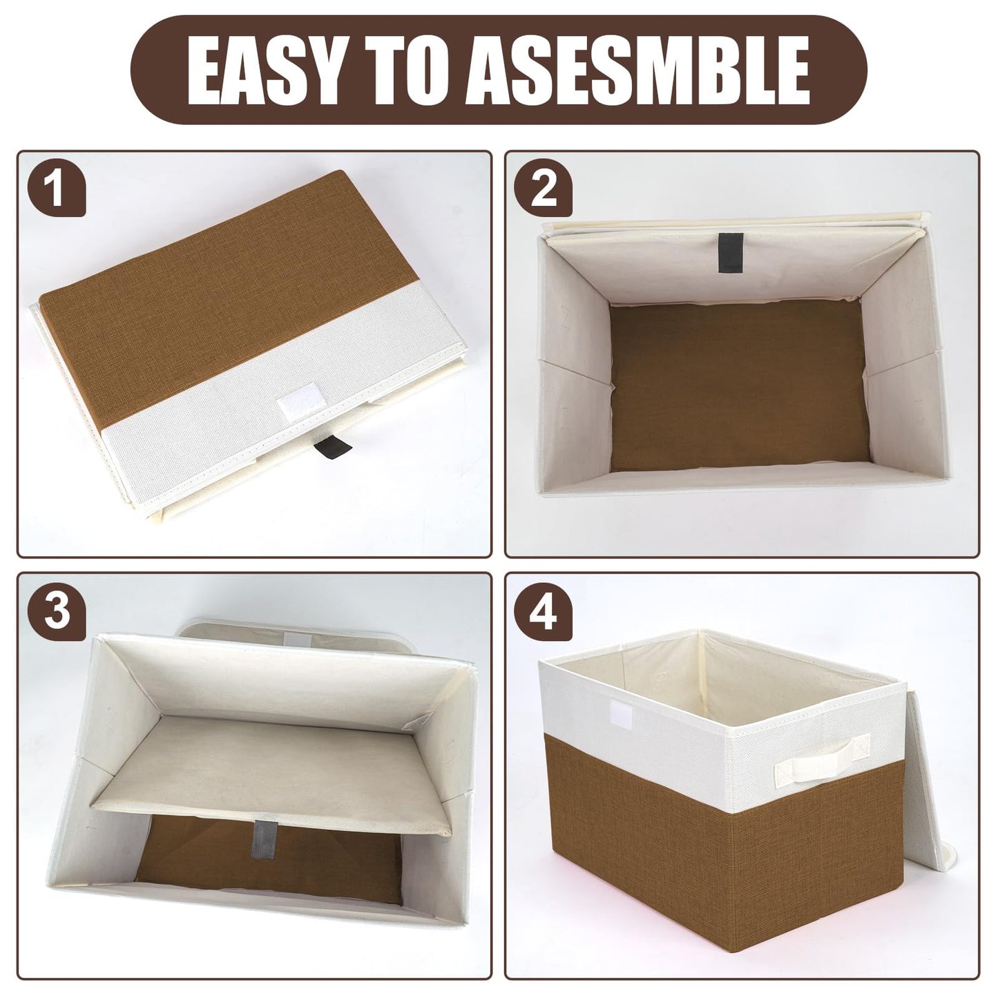 Bagnizer Large 22 Quart Linen Fabric Foldable Storage Bin Cube Organizer Basket with Flip-Top Lid & Handles, Clothes Blanket Box for Home, Office, Closet, Brown & White, 4 Pack 14.6 x 9.5 x 9.5