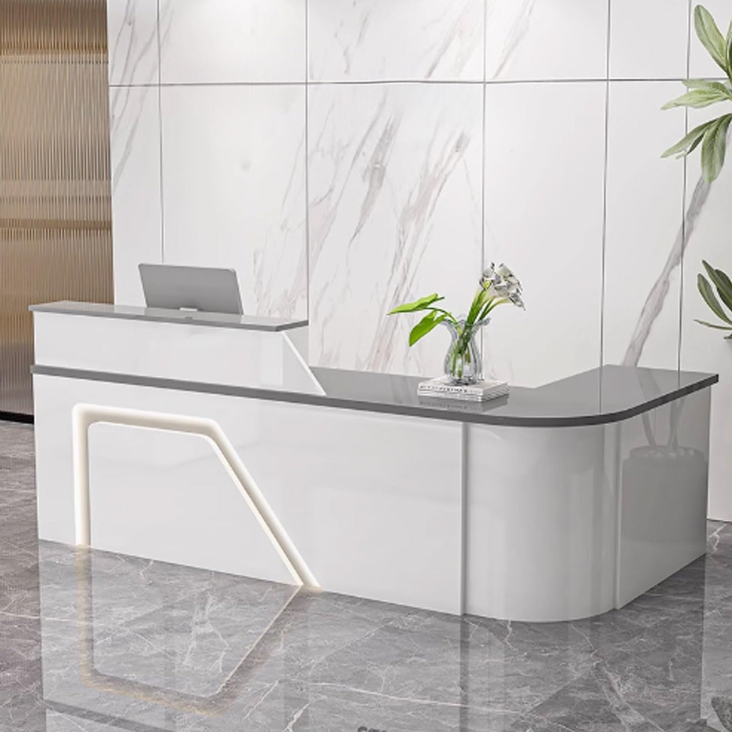 Modern Reception Desk - Ergonomic Front Counter for Lobby & Restaurant, Sleek White & Gray Finish, 140cm Stylish Design for Professional Spaces, Perfect Reception Solution