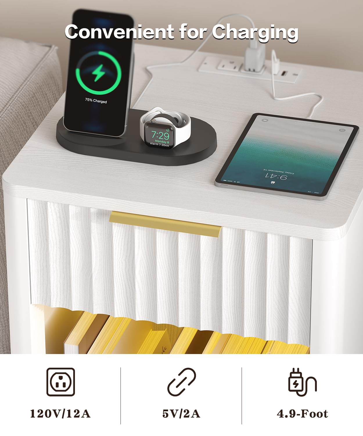 Akxomel Fluted Nightstand, Wooden Night Stand with Charging Station and LED Light, Modern Mid Century End Table with Drawer, 15" D x 15.7" W x 22.6" H, for Bedroom, White