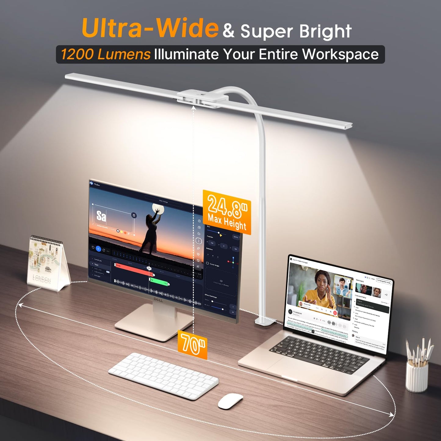 Syrinx LED Desk Lamp, Double Head Gooseneck Desk Lamps for Home Office with Gesture Switch & Wired Control, 12W Bright Modern Desk Light Eye-Caring Office Desk Lamp with Clamp for Crafting Reading