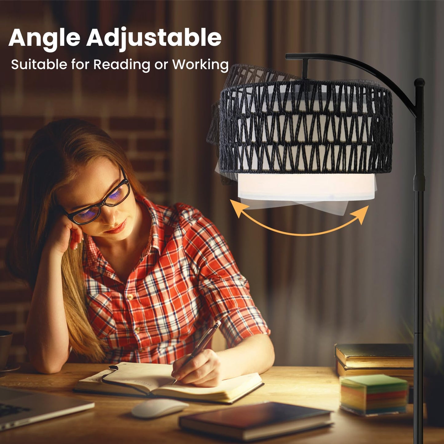 Yusist Arc Floor Lamp for Living Room,Farmhouse Floor Lamps with Remote Control & Dimmable Bulb,Black Rattan Boho Tall Standing Lamp for Bedroom Office