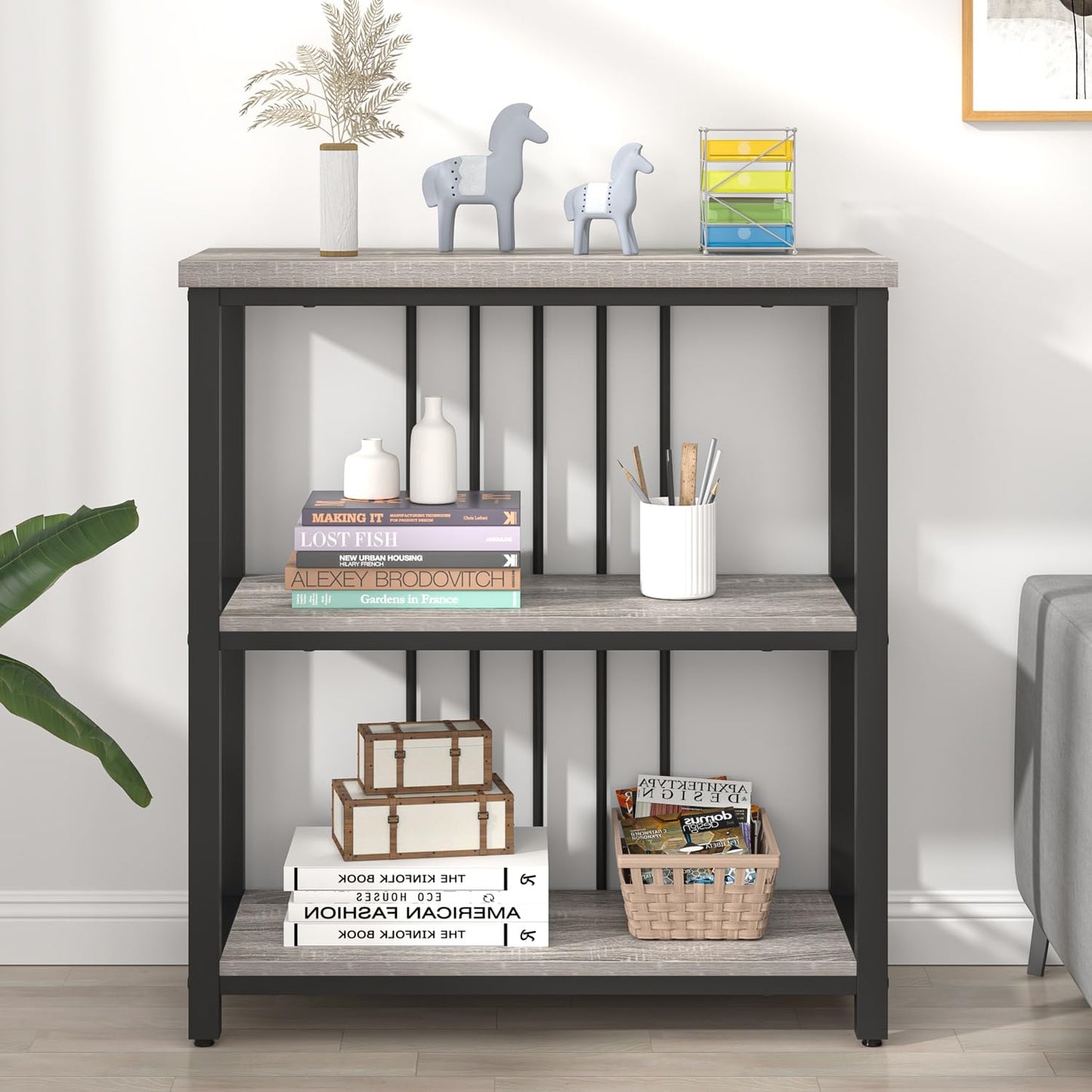 FOLUBAN 3 Tier Bookshelf, Short Bookcase for Small Space, Modern Wooden and Metal Book Shelf for Living Room Bedroom Office (Light Grey Oak)