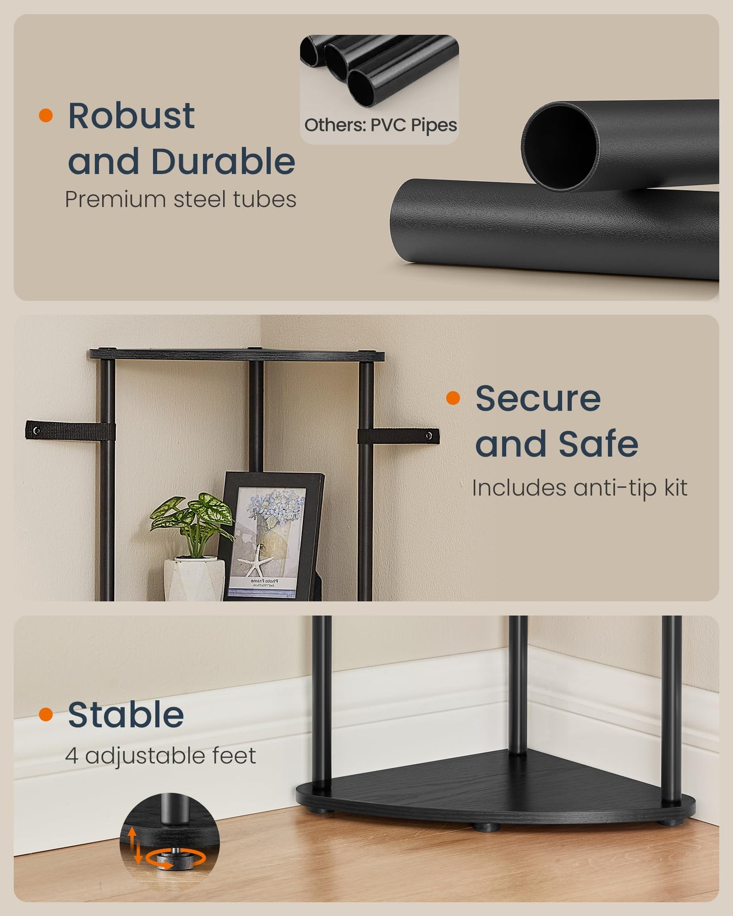 SONGMICS HOME Superfast Toolless Assembly, Corner Shelf Stand, 3-Tier Corner Standing Shelf, Living Room, Bedroom, Kitchen, 15 x 10.6 x 27.8 Inches, Ink Black ULBC620B01