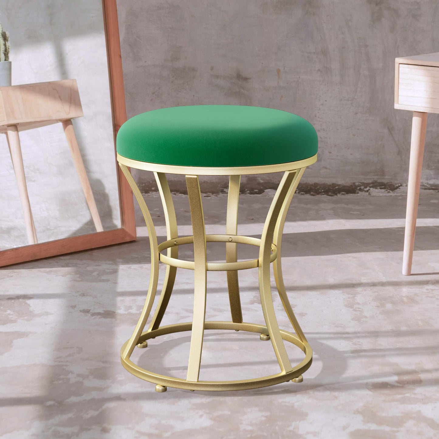 Ellensamqi Velvet Soft Modern Vanity Footstool -Round Footrest Stool Ottoman Seat Dressing with Golden Metal Leg and Sponge Filling,Upholstered Foot Rest, for Living Room and Bedroom Green