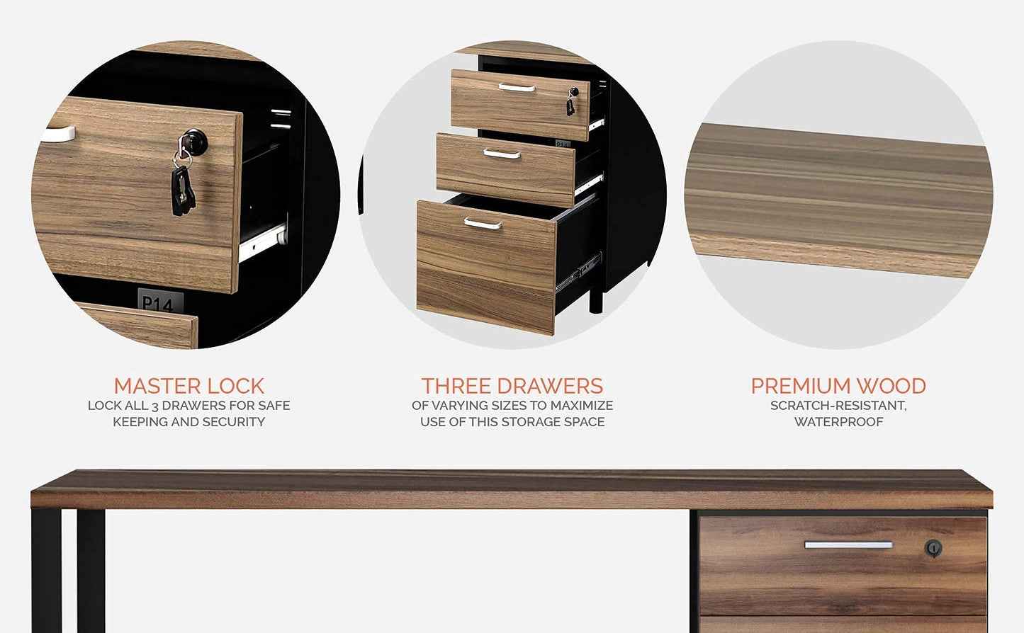 Modern Design Milano Office Computer Desk with 3 Locking Drawers, 48 Inch Walnut and Black Industrial Wood Desk with Filing Drawer and Storage By Crafts and Comfort