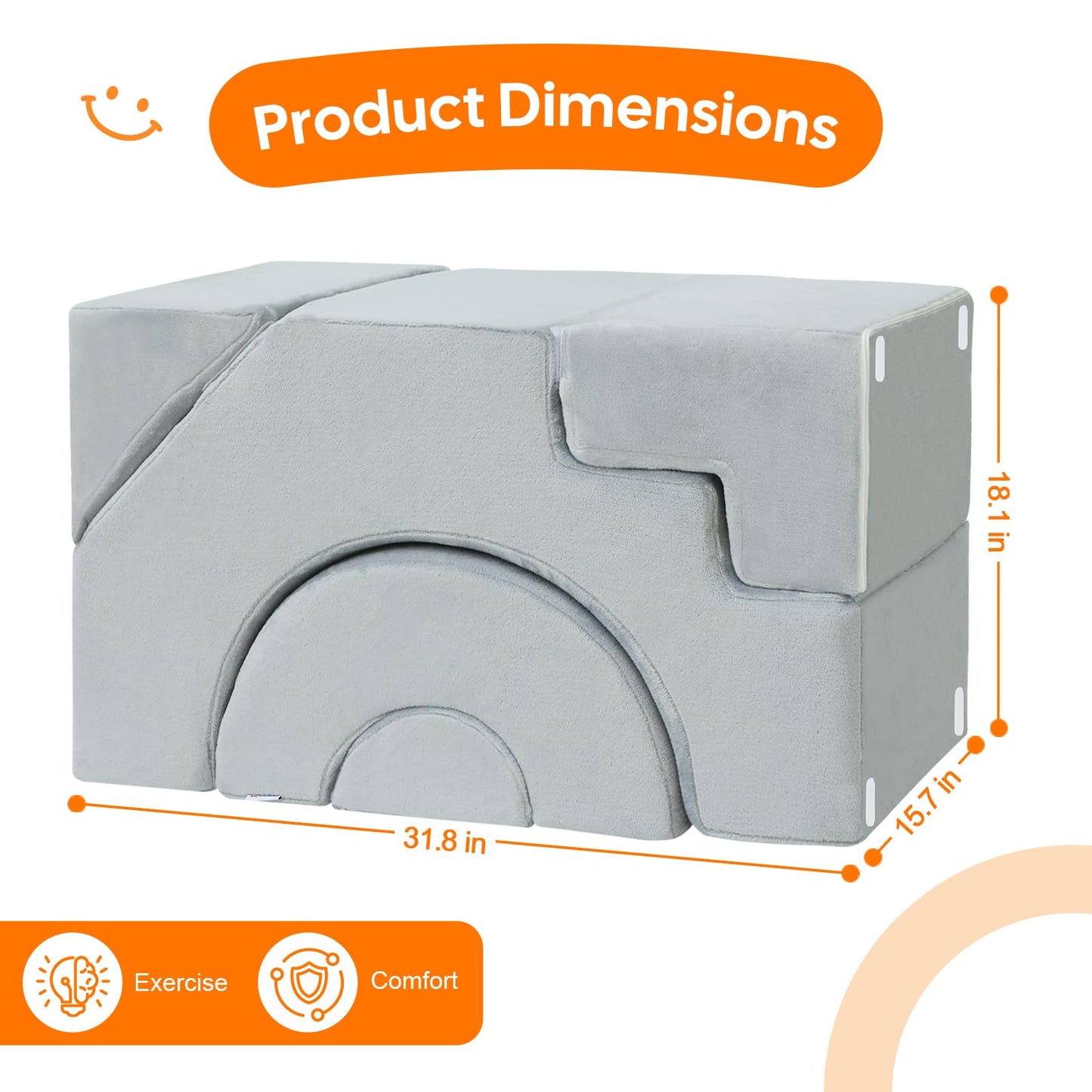MeMoreCool Modular Kids Sofa – Convertible Foam Couch with Slide & Stair, Playroom & Bedroom Sectional Child Furniture | Soft Washable Cover | Ages 3+ | Grey