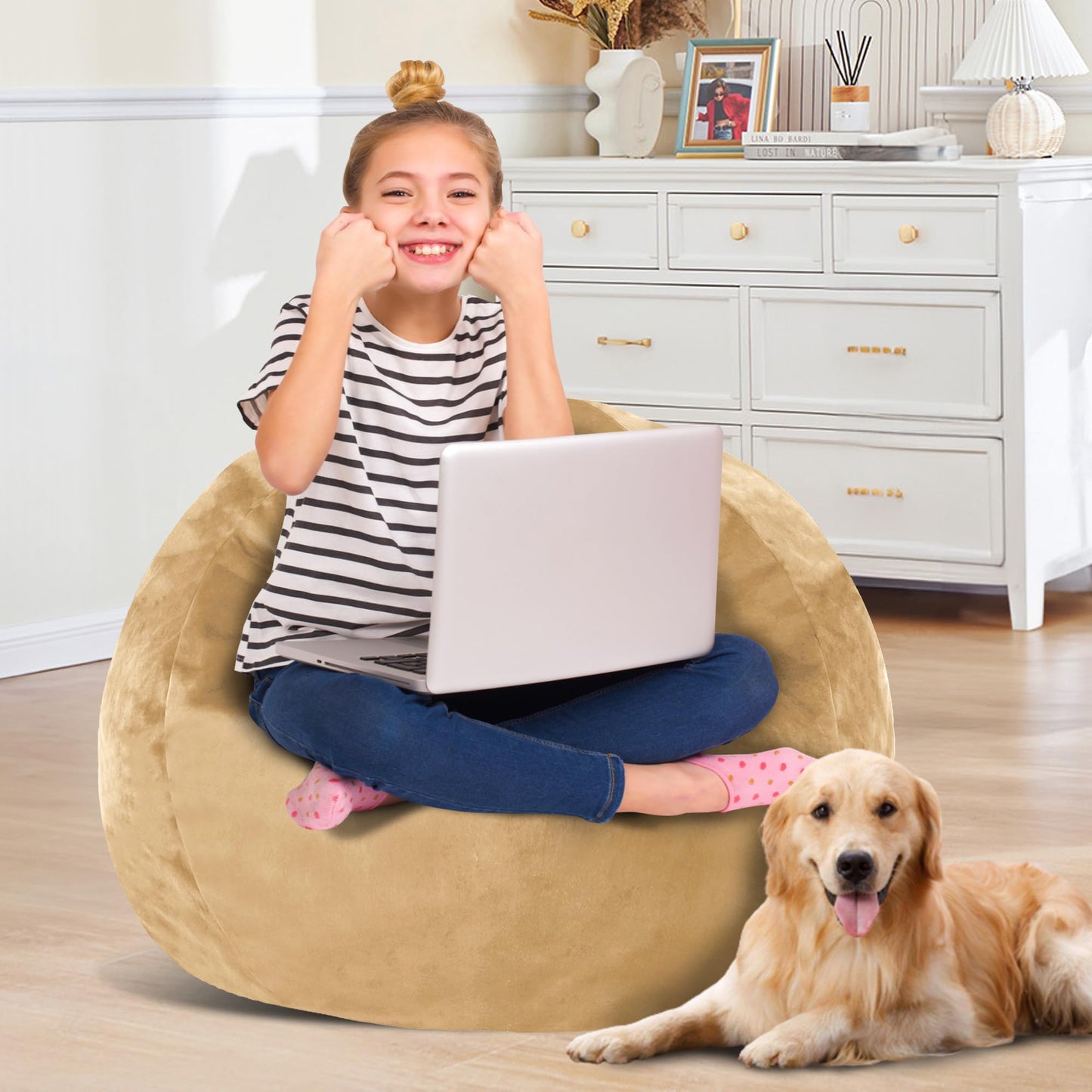 lilanoon 2FT Bean Bag Chair with Ultra Soft Velvet Cover Bean Bag Sofa with Memory Foam Bean Bag Chairs with Large Size Lazy Sofa for Dorm Office Living Room Bedroom Khaki 2'