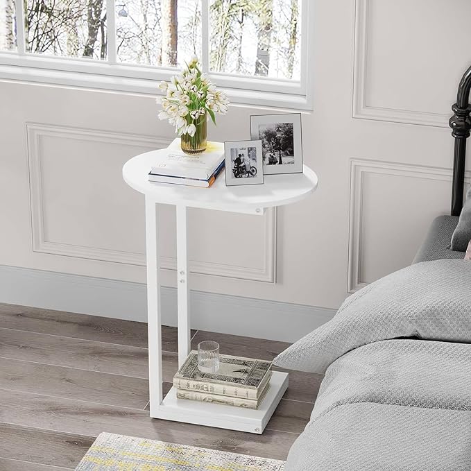 Hosfais Small Side Table End Table, C Shaped Oval Coffee Table, Wooden TV Tray