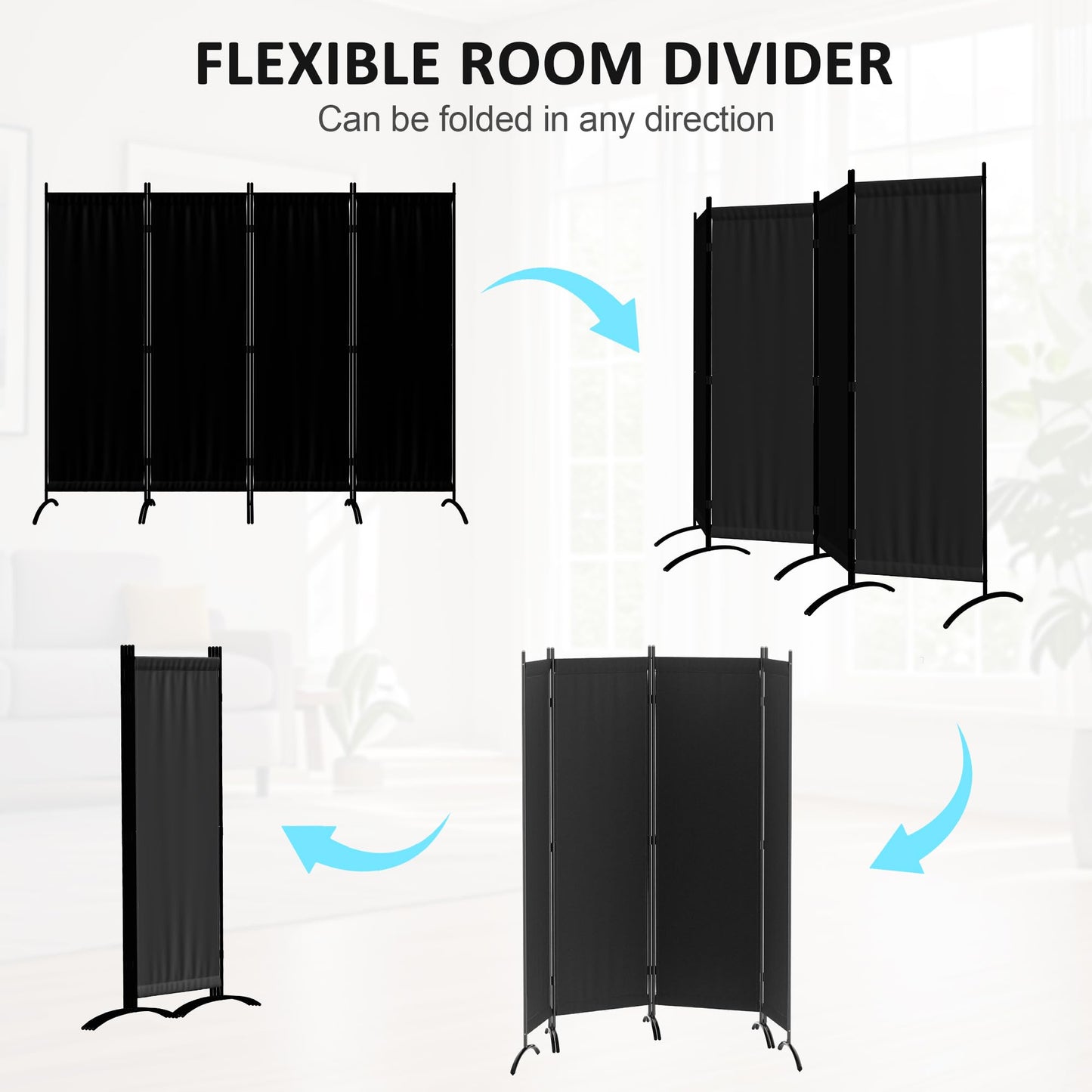 Kecreque Room Divider 4 Panel Partition Room Dividers and Folding Privacy Screens with 5 Curved Metal Feet Portable Divider Wall 88" W Temporary Wall for Office Divider Bedroom Dressing Room,Black