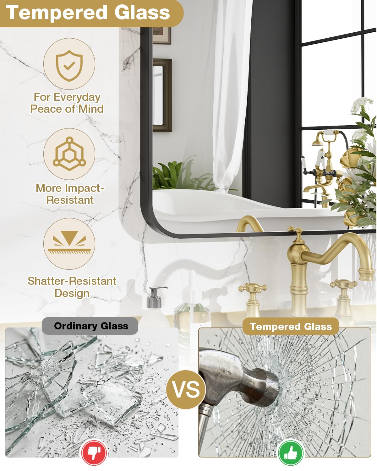 Umzodo 16x24 Inch Black Rounded Rectangle Vanity Mirror with HD Reflection, Shatter-Resistant Tempered Glass Bathroom Mirror for Over Sink, Aluminum Frame, Horizontal or Vertical