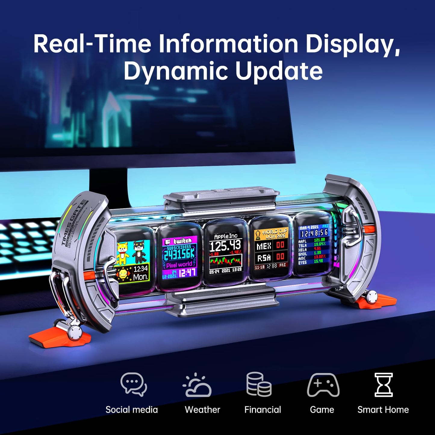 Divoom Times Gate - Cyberpunk Gaming Setup Digital Alarm Clock, Smart APP, WiFi Connect, RGB LED Display, Personalized Financial & Bitcoin Dashboard, Pixel Art for Gaming Room & Office Decor, Silver