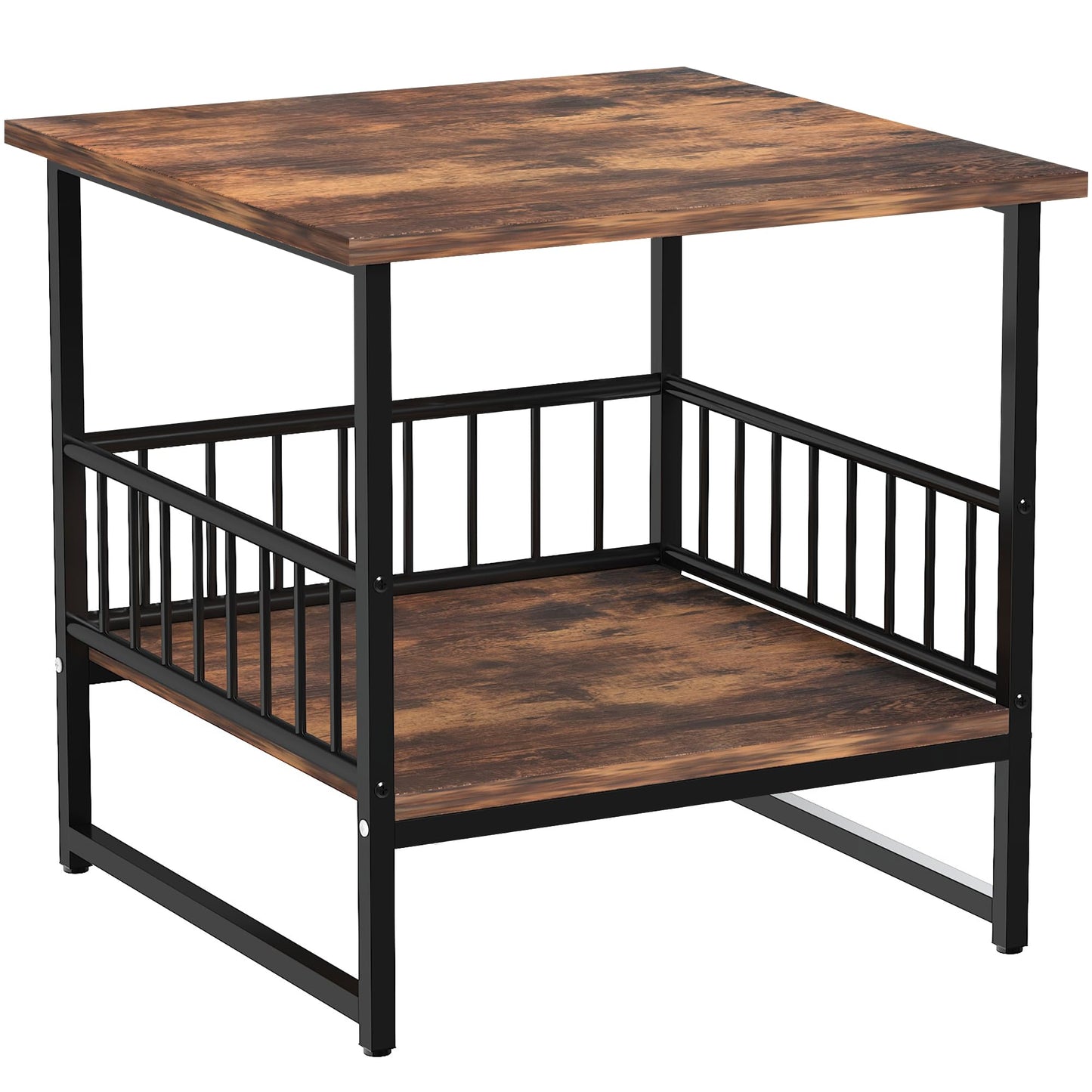 DHMAKER End Table, Industrial Side Table with 2-Tire Storage Shelf, 180LBS Mini Fridge Stand with Adjustable Feet, 24"x24" Wood Night Stand Small Bedside Table for Living Room Bedroom, Brown