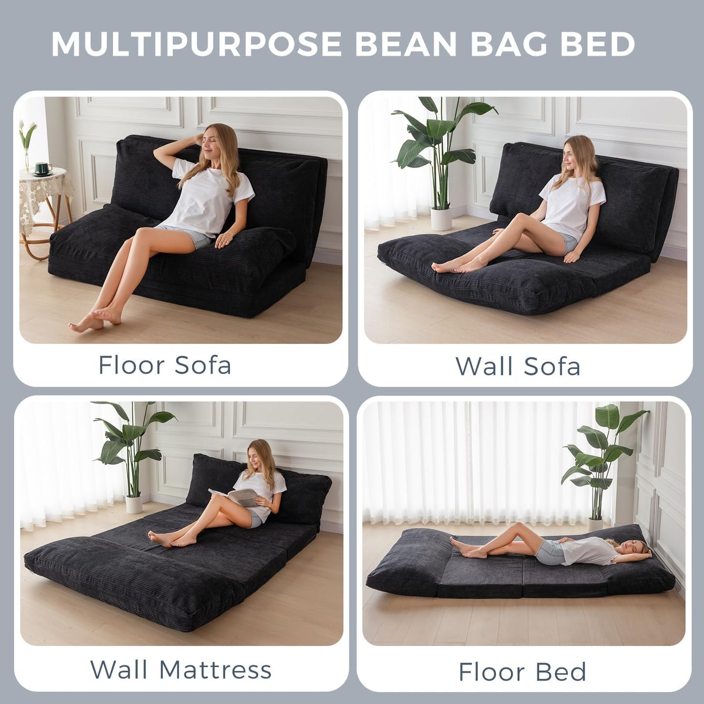 MAXYOYO Folding Sofa Bed, Extra Thick and Long Floor Sofa Convertible Chair with Washable Cover, Floor Couch Lounge Bean Bag Bed for Living Room, Black, 30"x91"