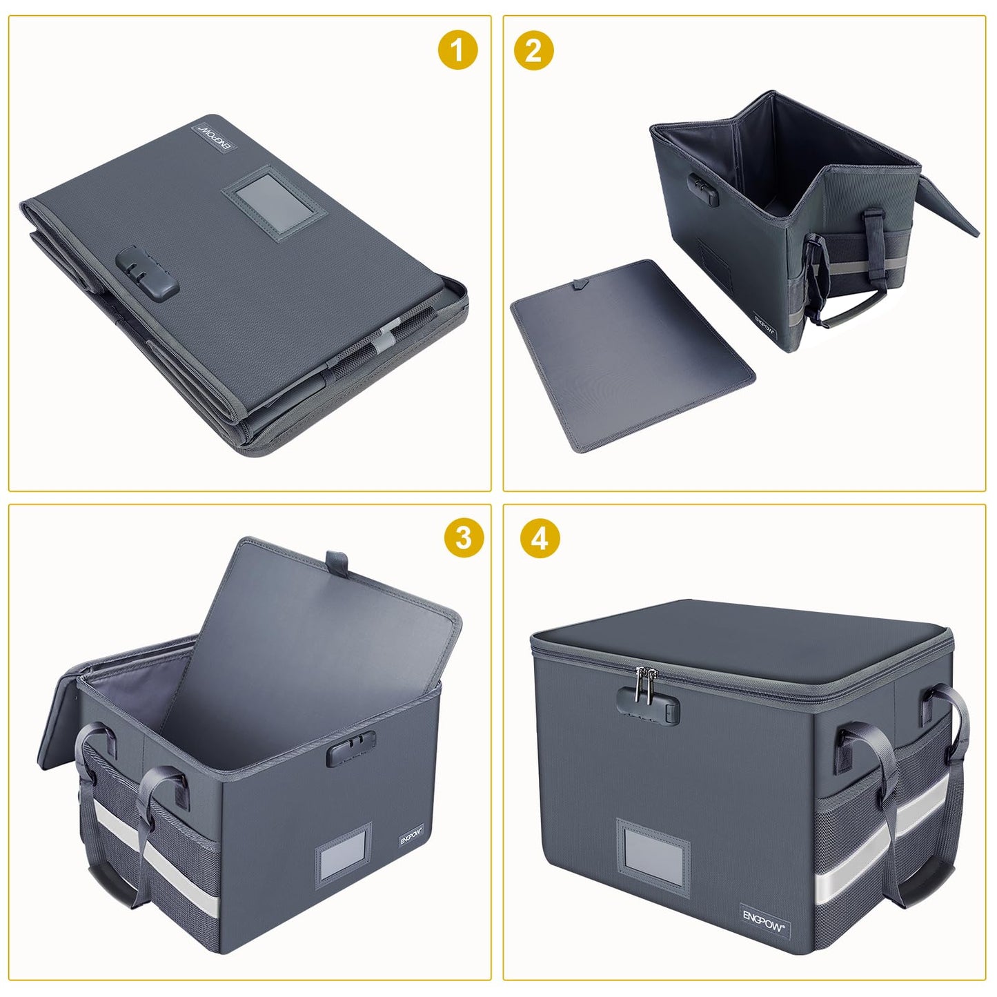 ENGPOW File Box with Lock, Fireproof Document Box with Pockets, Collapsible File Organizer Filing Storage Cabinet with Handle, Portable Home Office Safe for Hanging Letter/Legal Folders,Gray,2 Pack