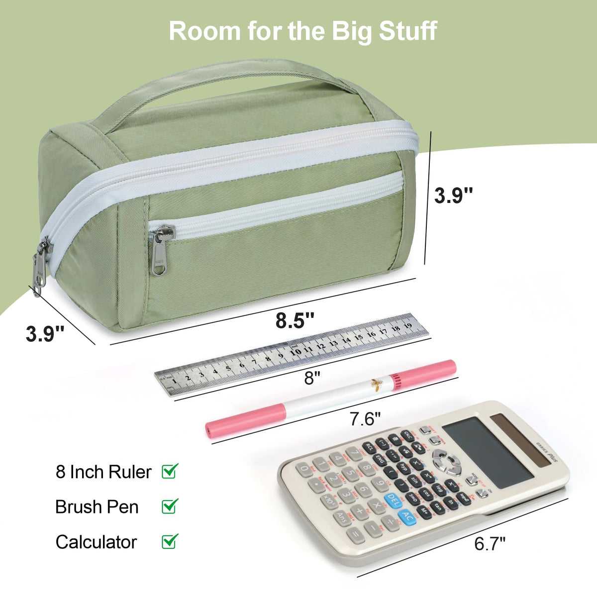 BrainyBees Large Pencil Pouch for Teen Girls, 8 Compartments, Green
