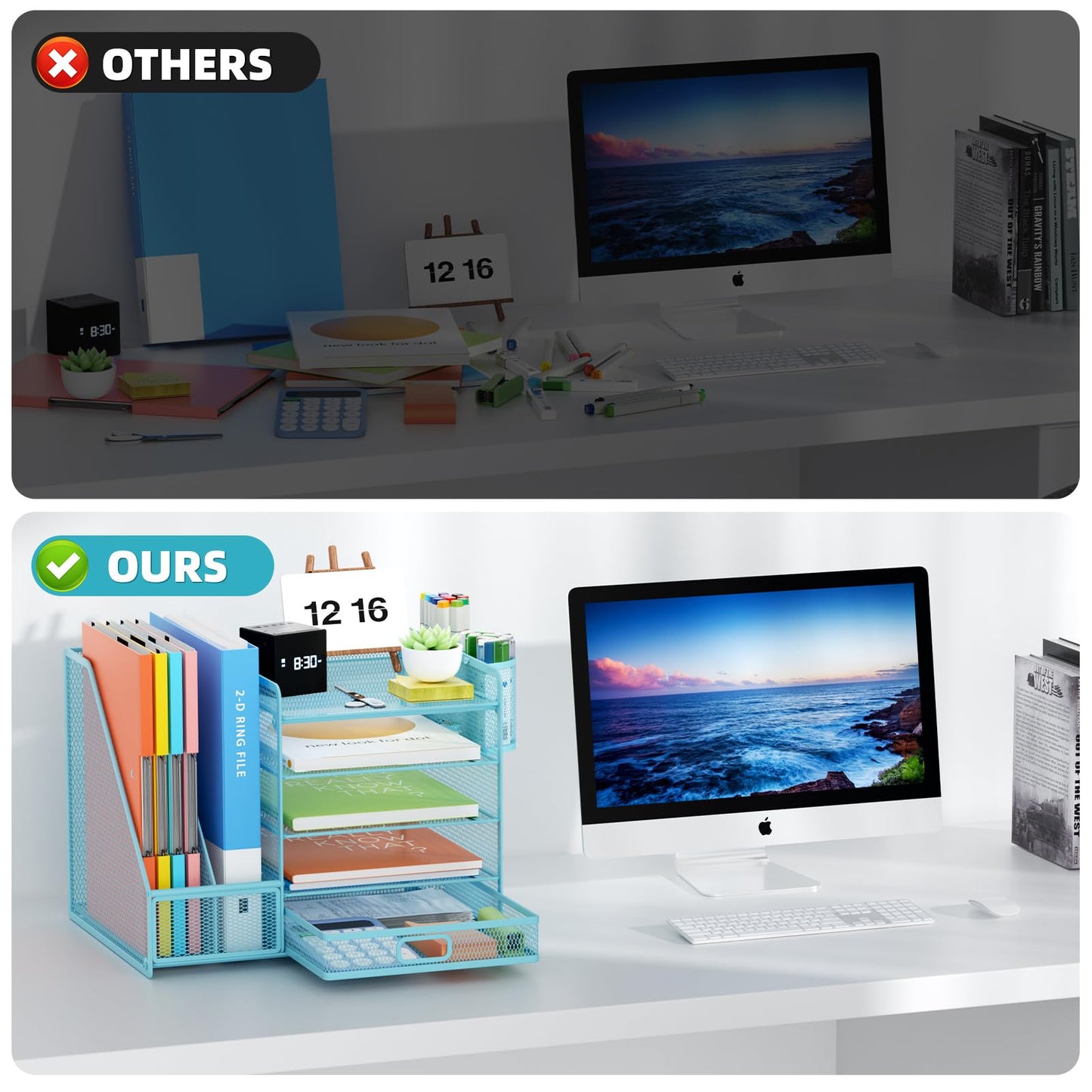 Marbrasse Desk Organizer with File Holder, 5-Tier Paper Letter Tray Organizer with Drawer and 2 Pen Holder, Mesh Desktop Organizer and Storage with Magazine Holder for Office Supplies(Blue)