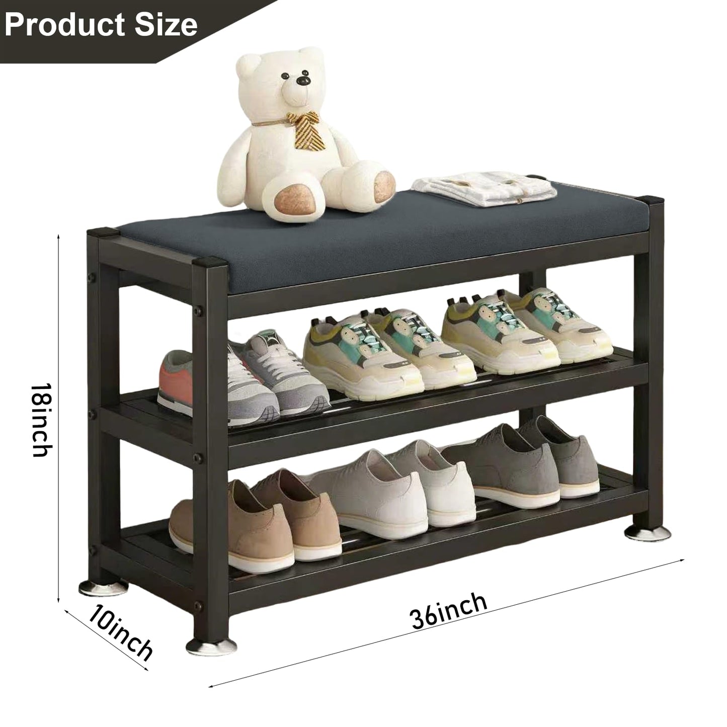 PQSQRJU 2-Tier Shoe Bench with Padded Cushion, 12-Pair Entryway Storage with Sturdy Metal Frame, Space-Saving Shoe Rack with Seat, Gray, 31.9x12x19.3 Inches