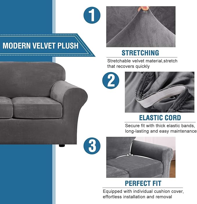 H.VERSAILTEX High Stretch Sofa Slipcover 4 Piece Cover Velvet Furniture