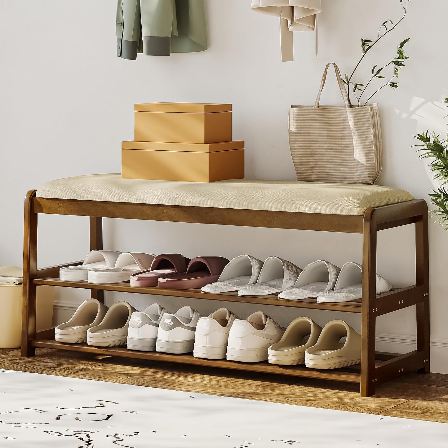 Welfuturer 2-Tier Bamboo Shoe Bench with Cushion and Hidden Drawer, Entryway Shoe Rack Organizer with Storage for Hallway, Bedroom, Front Door, Mudroom Seating Bench, Walnut