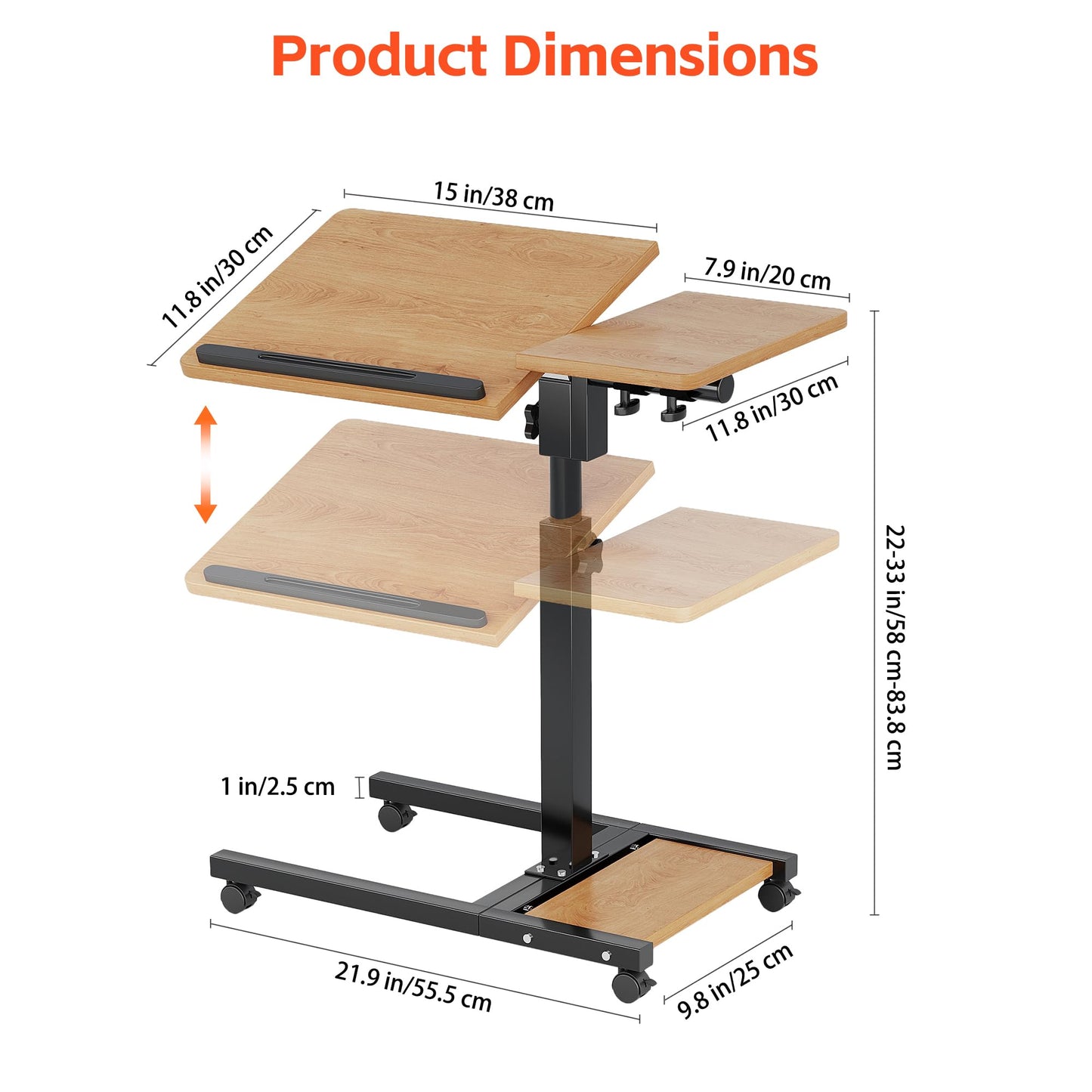 Furist Mobile Adjustable Height Laptop Stand PC Computer Portable Notebook Swivel Laptop Desk Rolling Table Desk Cart Tiltable with Wheels Casters& Mouse Pad Table，Natural