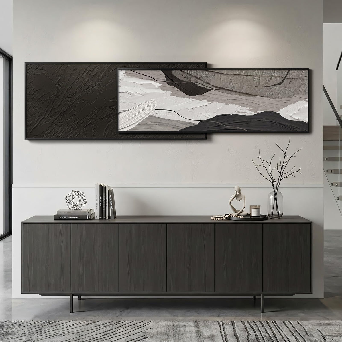 Extra Large Framed Black and White Abstract Wall Art for Living Room, Set of 2 Long Horizontal Modern Canvas Prints Paintings, Minimalist Gray Pictures for Bedroom Dining Room Office Wall Decor