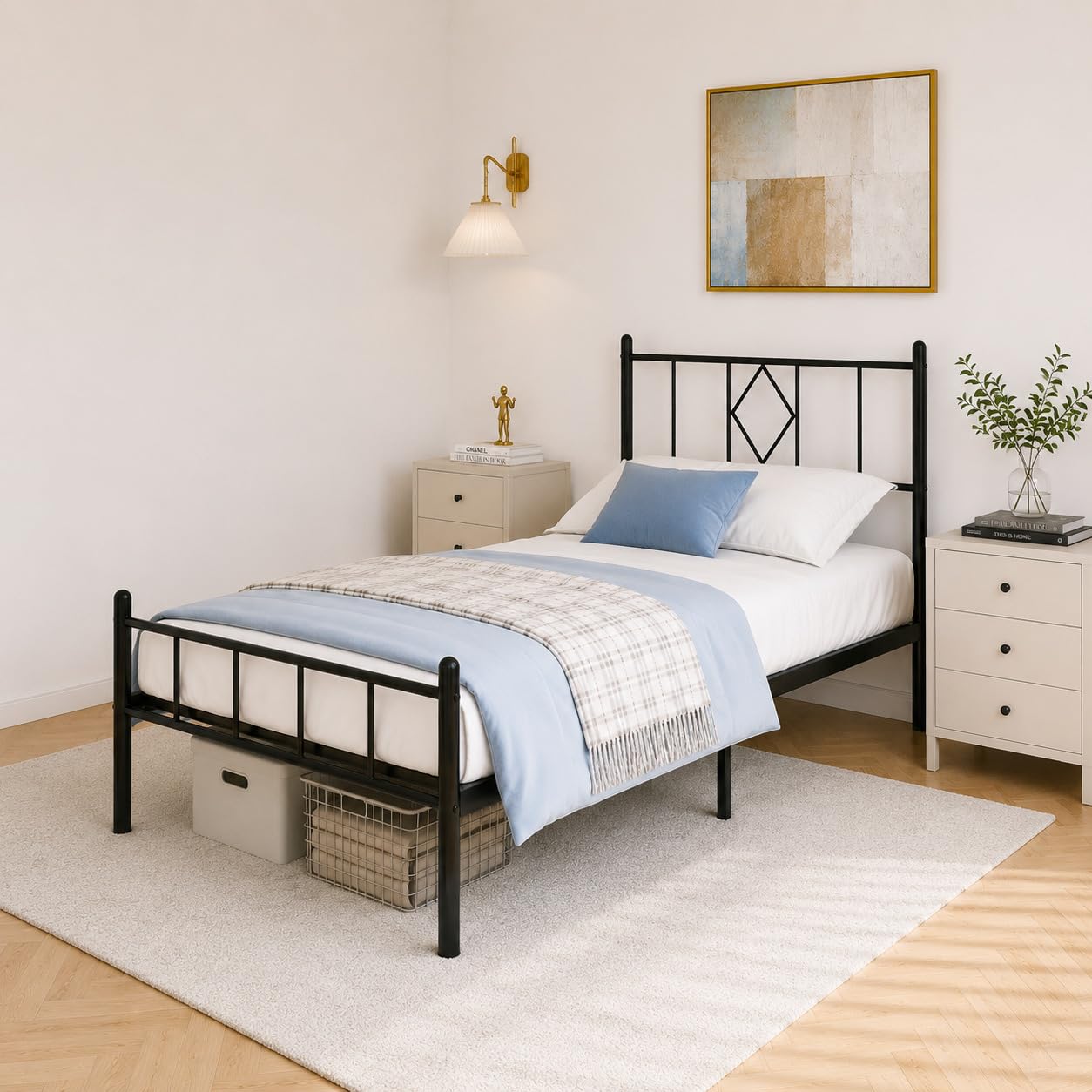 Bervinome Twin Size Platform Bed Frame, Heavy Duty Metal Bed Frame with Headboard, Steel Slat Support, Under Bed Storage Space, Easy Assembly, No Box Spring Needed, Black
