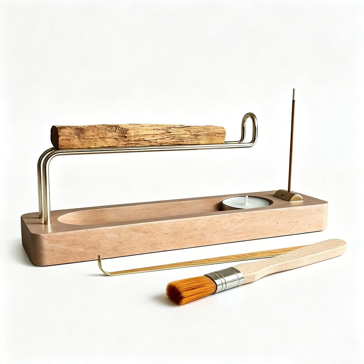 4 in 1 Incense Holder Suit with Wooden Base and Brass Holder, for Burning Palo Santo, Sage Sticks, Holy Wood, Multi-Functional with Ash Catcher and Tealight Candle Holder