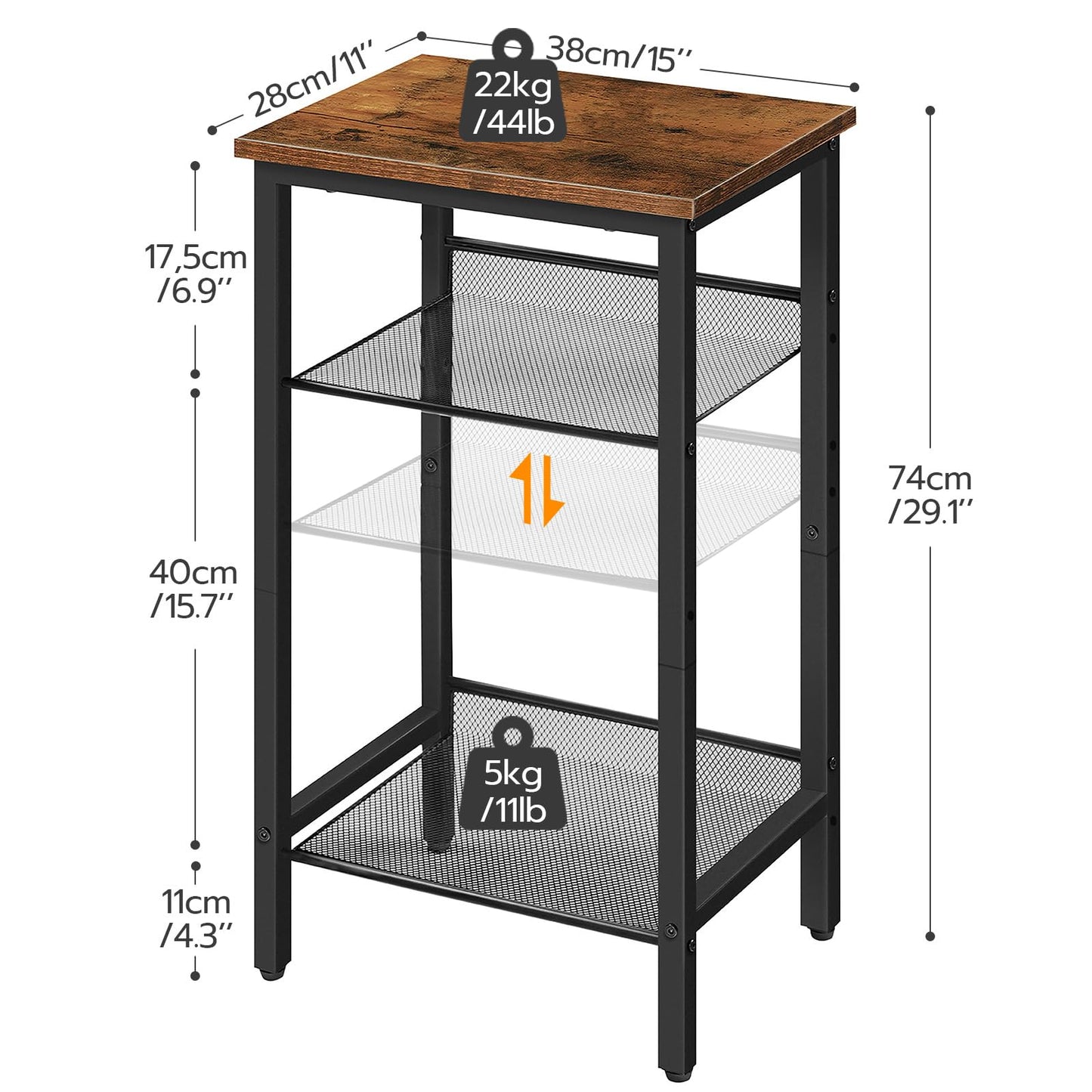 HOOBRO Side Table, 3-Tier Tall End Telephone Table with Adjustable Mesh Shelves, Small Entry Table for Living Room Bedroom Hallway or Office, Rustic Brown and Black BF01DH01G1