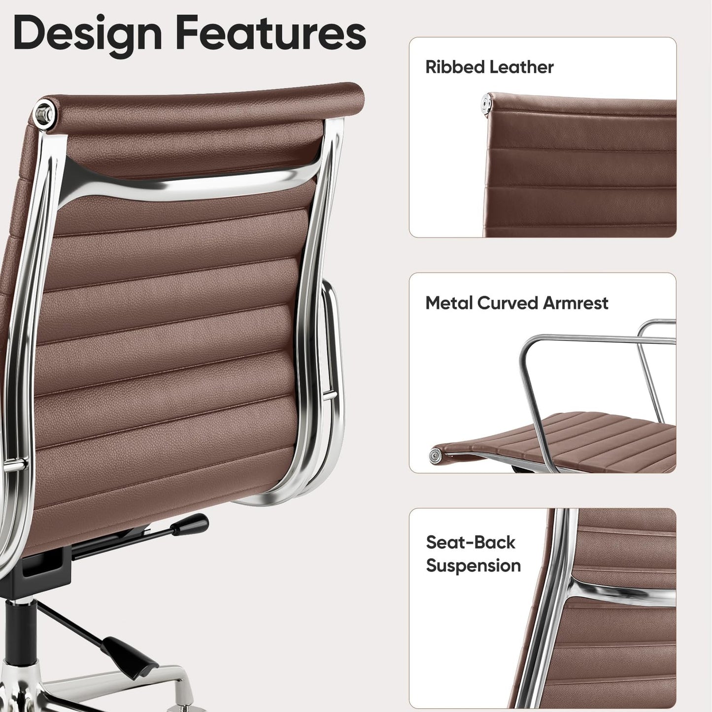 OTDMEL Ribbed Office Chair with Top Grain Leather - Mid Back Ergonomic Desk Chair with Aluminum Arm Rest and 5-Star Base, Swivel Chair Brown