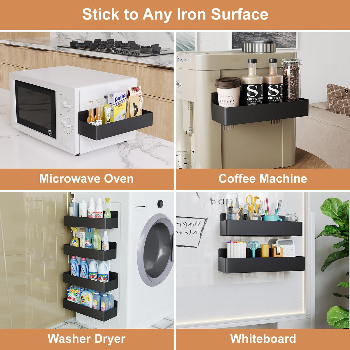 Mystozer Magnetic Spice Rack for Refrigerator, Kitchen Organizer and Storage Shelf, Black (4 Pack)…
