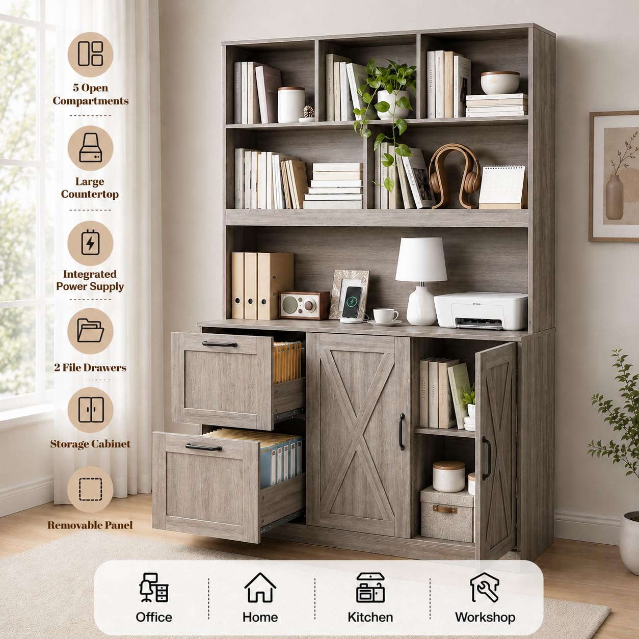 NORTHSKY 72'' Tall Bookshelf with Power Outlet, 2 Drawer File Cabinet for A4 Hanging Files, 3-Tier Open Shelves & Closed Storage Cabinets, Multifunctional Printer Stand - Greige