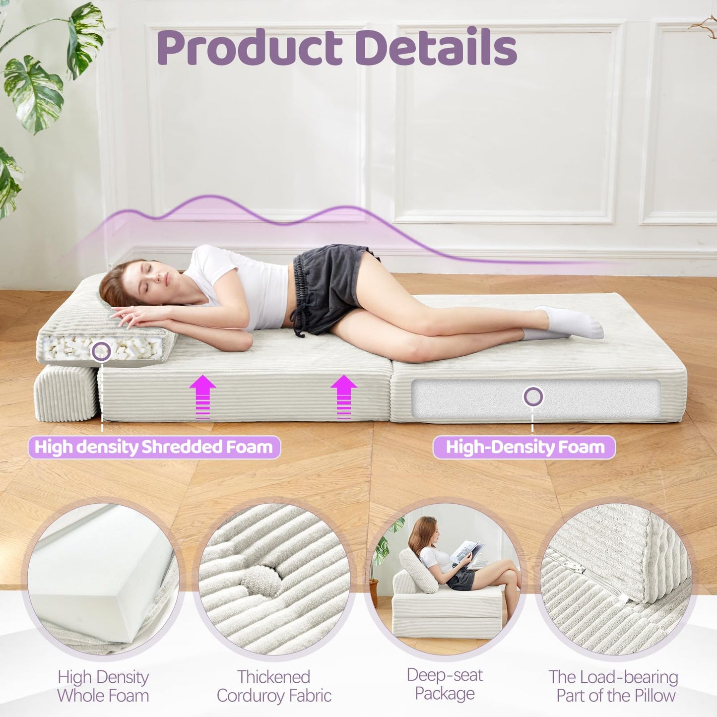 PIASHJOY Folding Sofa Bed Chair, Sleeper Chair for Adults with High-Density Foam and Pillow,Portable 3 in 1Folding Chair Bed for Living Room、Apartment 、Hotel,Single, Creamy Apricot