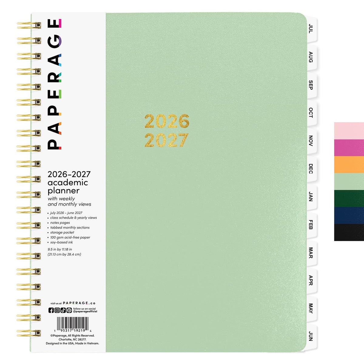 PAPERAGE Academic Planner, Weekly & Monthly Planner & Calendar, 12-Months, July 2026 - June 2027, (9.5" x 11"), School & Student Planning Agenda with Tabs, Bonus Pages & Inner Pocket, Sage Green