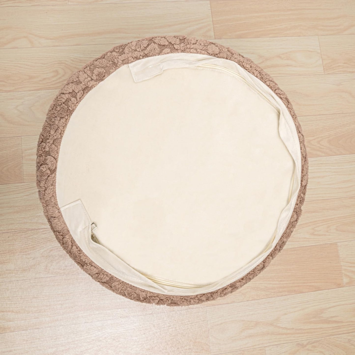 Poofieotto Round Ottoman Stuffed 20x12 Inches Floor Pouf Chair for Living Room Bedroom Modern Foam Pouf Ottoman Foot Rest for Couch Home Décor Pouffe (Light Coffee Pouf with Filler)
