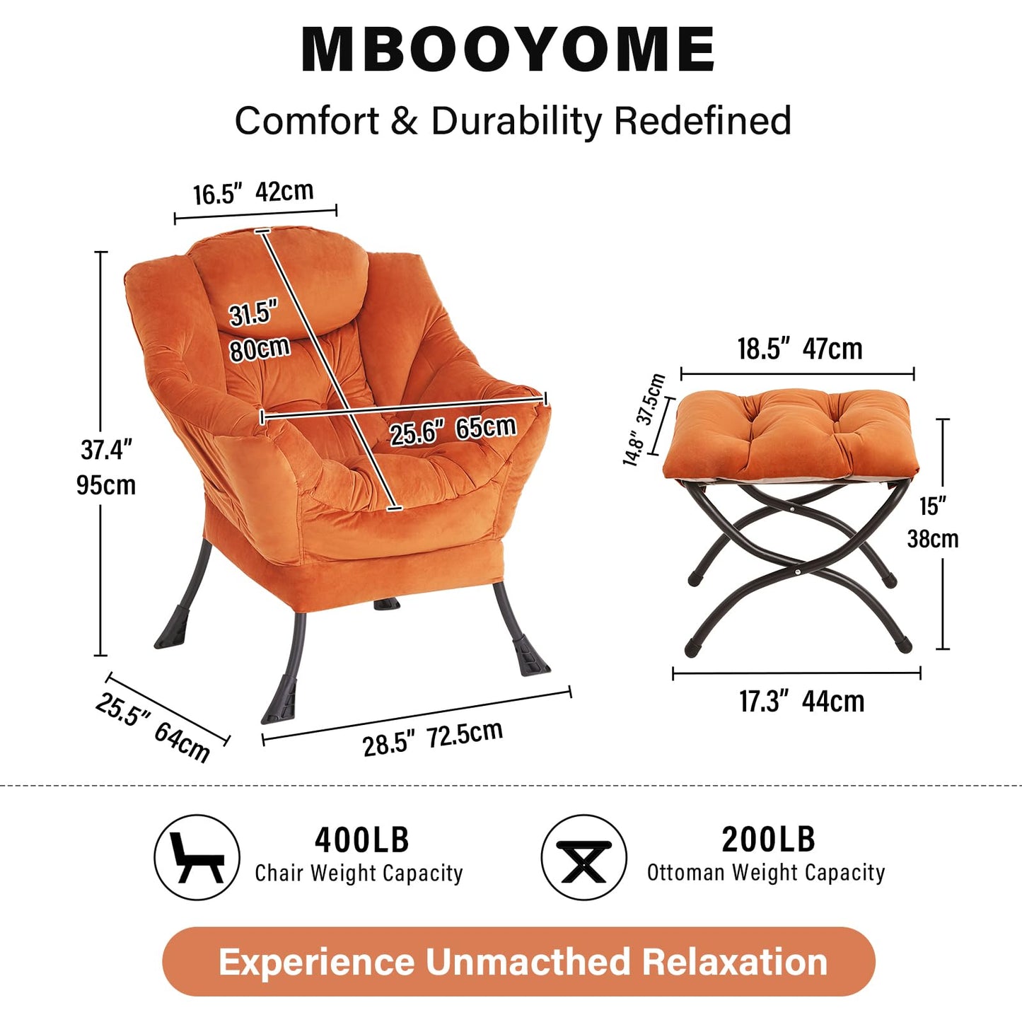 MBOOYOME Lazy Chair with Folding Ottoman, Modern Accent Armchair with Armrests, Side Pocket & Foldable Footstool, Reading Chair for Living Room, Bedroom, Dorm & Office, Velvet Orange