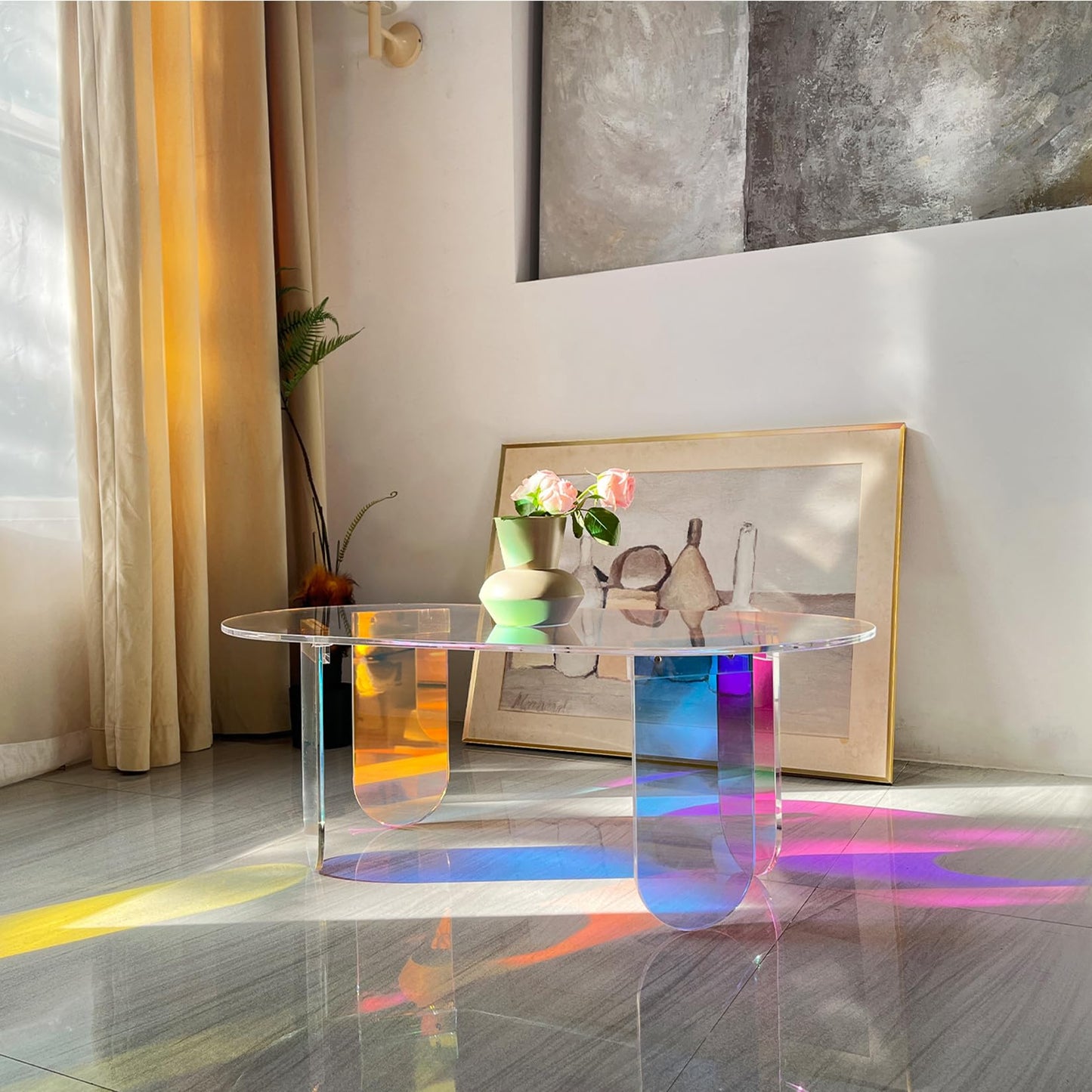 Artloge Iridescent Acrylic Coffee Table: Colorful Small Accent Clear Table