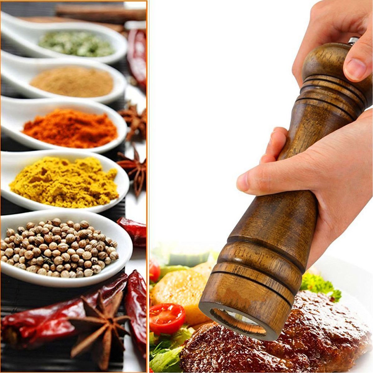 BINHAI Wooden Pepper Mill Pepper Grinder Kit Manual mills Solid With Strong Adjustable Ceramic Grinders Set 8 Inches