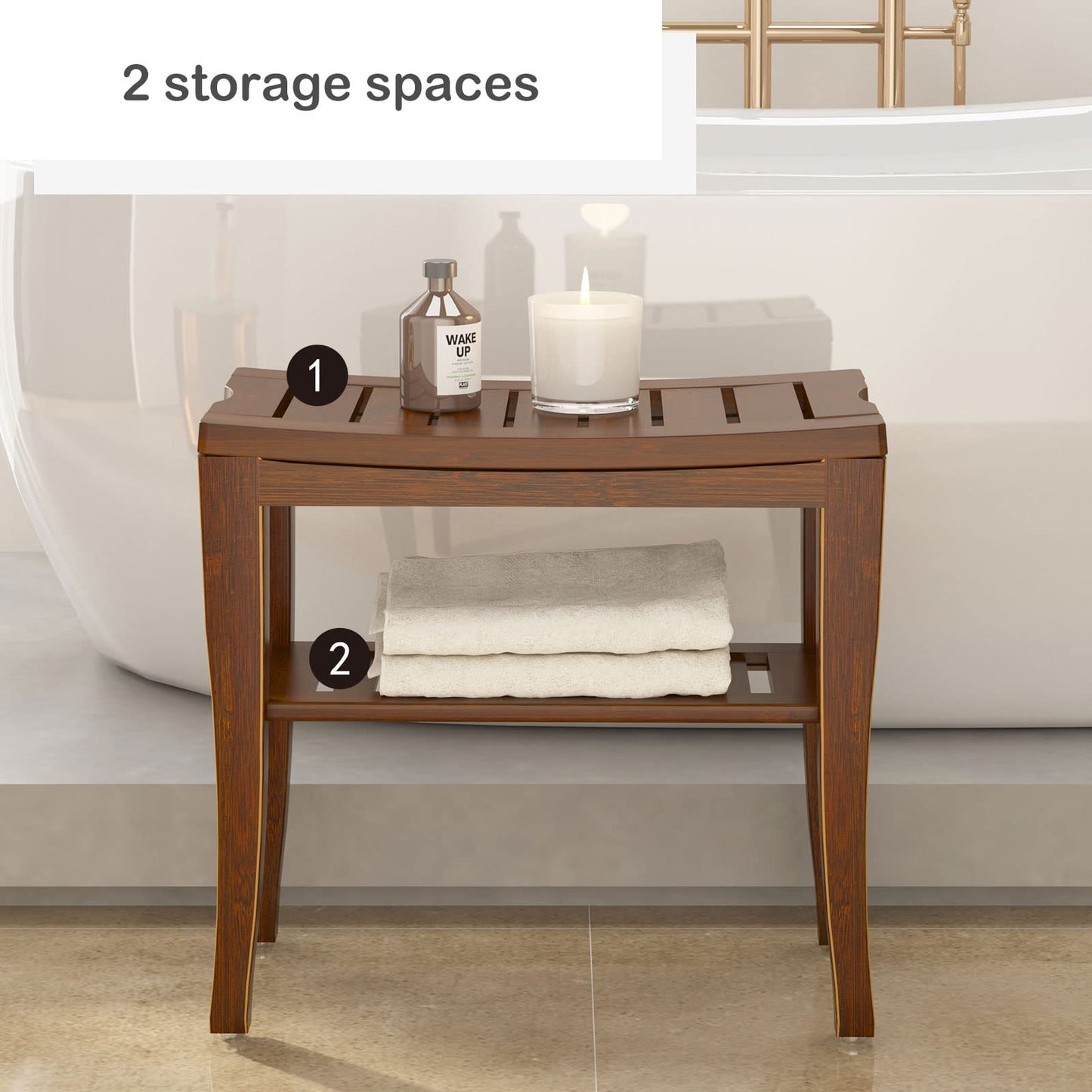 SogesHome Bamboo Shower Bench, Shower Caddies Foot Rest with Storage Shelf for Shampoo Towel, Ideal for Bathroom/Living Room/Bedroom, Dark Brown