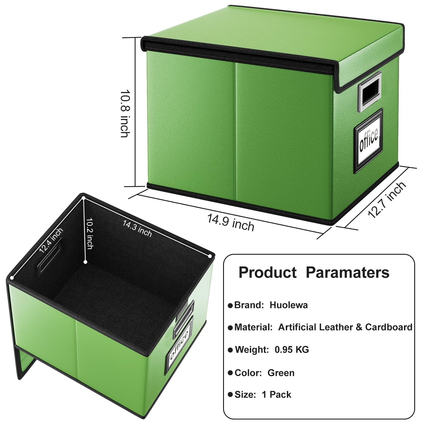 Huolewa File Organizer Box with Lid, Collapsible Faux Leather Document Organizer, Hanging File Folder Box with Plastic Slide, Decorative Filing Boxes Cabinet for File and Folders Storage(Green)
